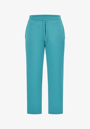Türkisfarbene Jogginghose mit Kordelzugbund, geraden Beinen, Seitentaschen und einem kleinen Logo-Akzent am unteren Oberschenkel.