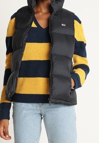 Czarna kamizelka puchowa nałożona na sweter w niebiesko-żółte paski. Kamizelka ma wysoki kołnierz i logo marki na klatce piersiowej. Widoczny detal zamka błyskawicznego.