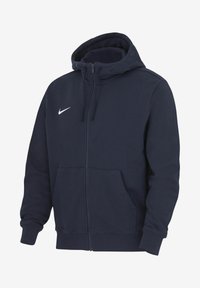 Navy blue zip-up hoodie with hood, front pockets, ribbed cuffs, and white Nike logo on the left chest.