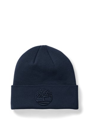 Beanie a maglia blu navy con risvolto, caratterizzato da un logo ad albero in rilievo sul davanti, realizzato in un materiale morbido e testurizzato.