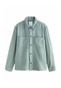 Green button-up shirt with a dotted pattern, featuring two chest pockets, a classic collar, and long sleeves with buttoned cuffs.