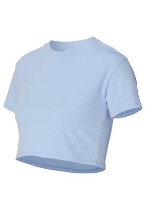 Light blue, ribbed, short-sleeve crop top with a round neck and a fitted design. Soft texture, clean edges, and minimal seams.