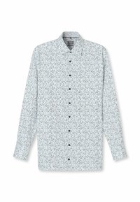 Langärmliges Hemd mit einem hellblauen und weißen abstrakten Wirbelmuster, Knopfverschluss und weicher Stofftextur.