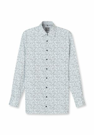 Langärmliges Hemd mit einem hellblauen und weißen abstrakten Wirbelmuster, Knopfverschluss und weicher Stofftextur.