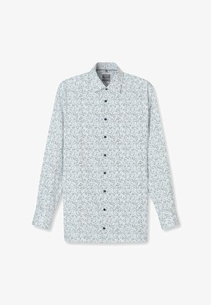 Langärmliges Hemd mit einem hellblauen und weißen abstrakten Wirbelmuster, Knopfverschluss und weicher Stofftextur.