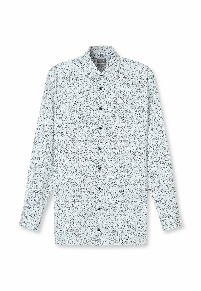 Langärmliges Hemd mit einem hellblauen und weißen abstrakten Wirbelmuster, Knopfverschluss und weicher Stofftextur.