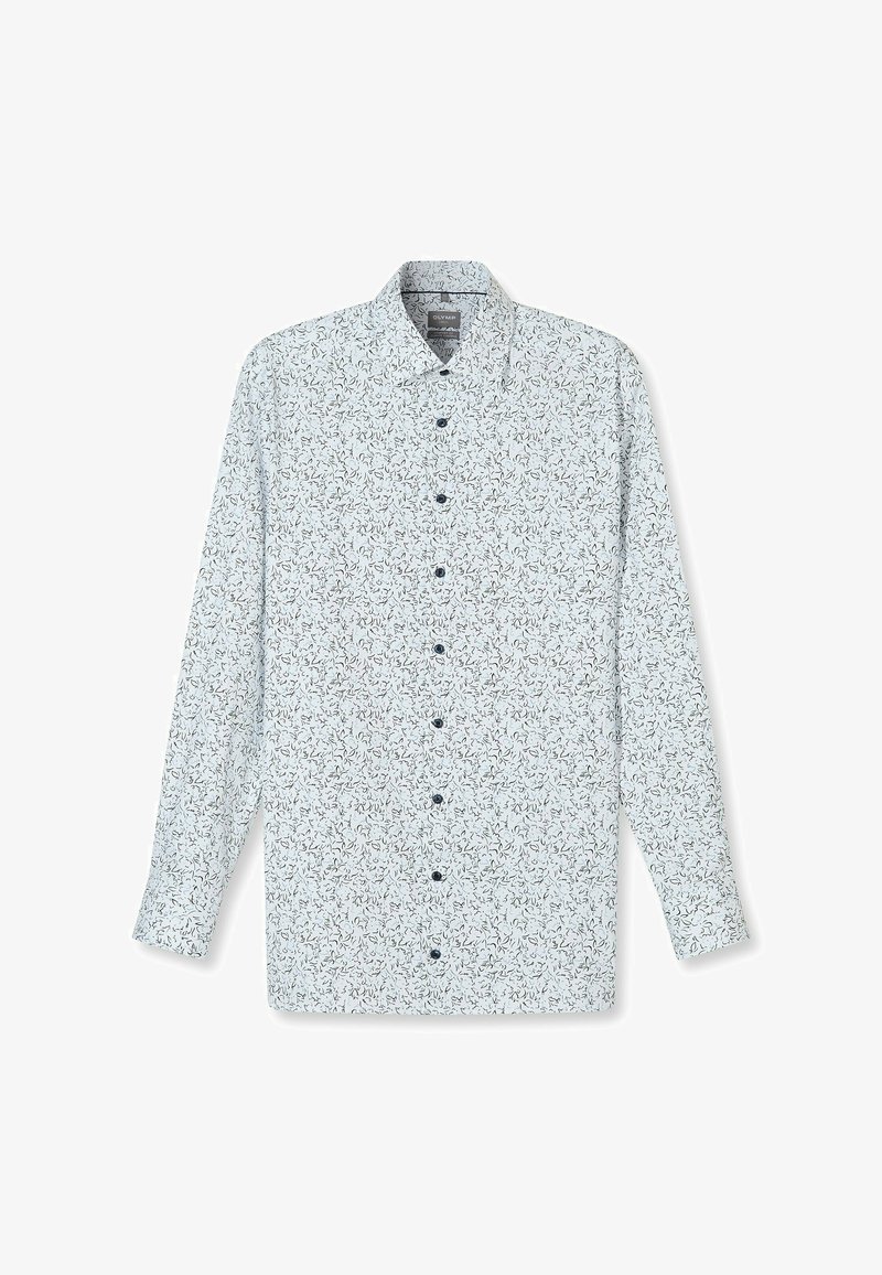 Langärmliges Hemd mit einem hellblauen und weißen abstrakten Wirbelmuster, Knopfverschluss und weicher Stofftextur.