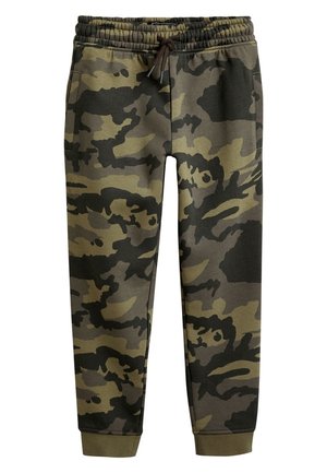Joggerbukser med camouflage-mønster, elastisk talje, snøre, sidelommer og manchetter ved anklerne i grønne og sorte nuancer.