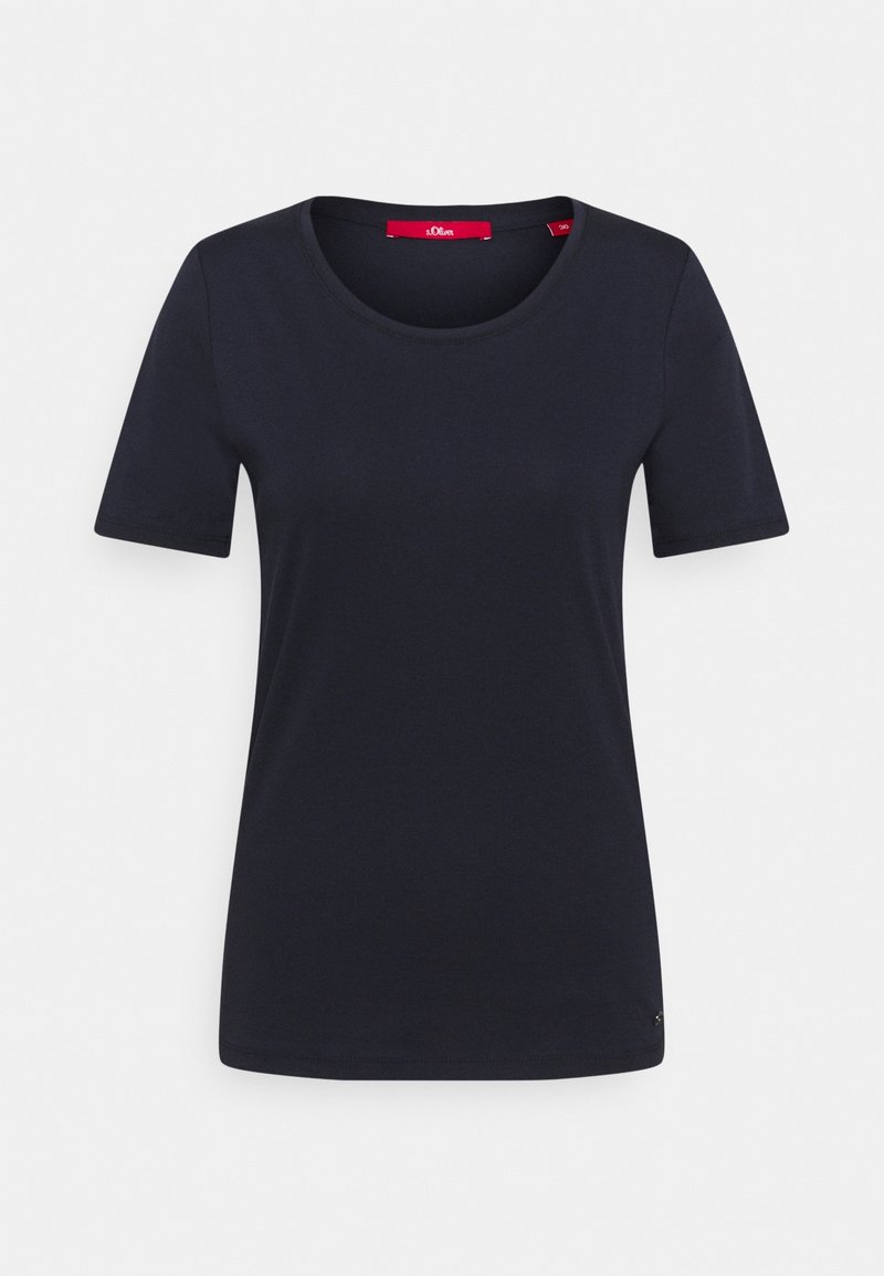 T-shirt noir uni à manches courtes avec col rond et étiquette intérieure rouge, présenté sur fond blanc.