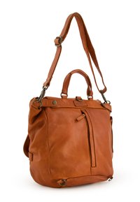 Sac en cuir tan au design structuré, avec des poignées supérieures doubles, une bandoulière amovible et une poche avant zippée.