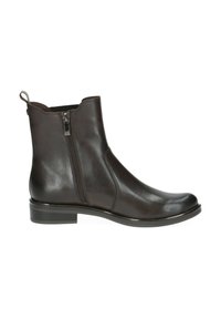 Stivale alla caviglia in pelle marrone scuro con una finitura liscia, zip laterale, punta arrotondata e tacco basso impilato. Presenta una linguetta sul retro.