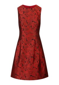 Rotes ärmelloses Kleid mit floralem Muster in dunkleren Farbtönen, ausgestattet mit einem taillierten Oberteil und einem weit ausgestellten Rock, abgeschlossen mit einem Reißverschluss auf der Rückseite.