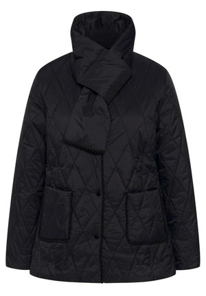 Black quilted jacket with a high collar, button closure, two front pockets, and beaded accents along the pockets and closure edges.