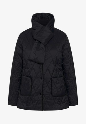 Black quilted jacket with a high collar, button closure, two front pockets, and beaded accents along the pockets and closure edges.