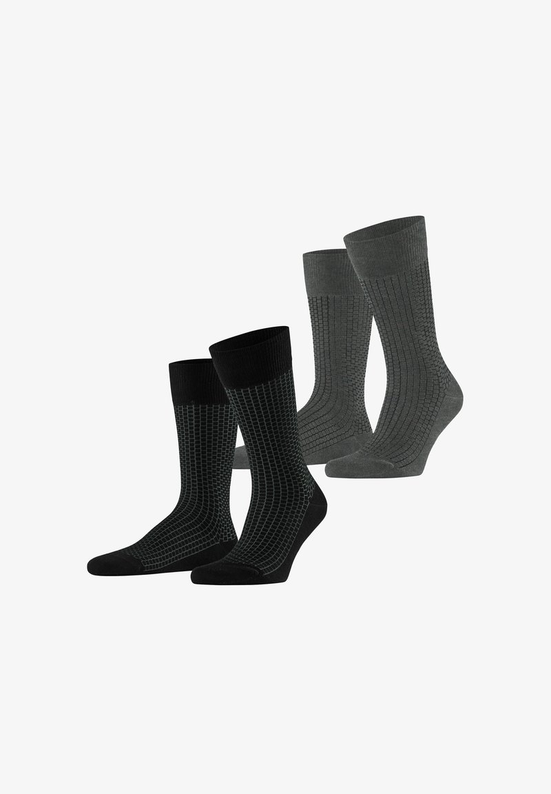 Quatre paires de chaussettes : deux noires avec une texture en grille cubique, deux grises avec des côtes parallèles ; toutes sont de longueur mi-mollet, fabriquées en tissu doux et extensible.