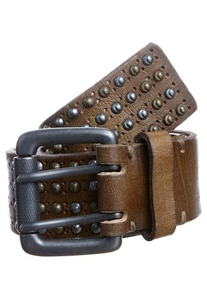 Brown leather belt with metal studs in alternating bronze and silver, featuring a large dark metal double-prong buckle and a leather belt loop.