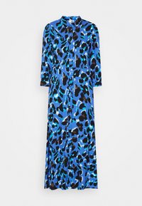 Blaues Hemdblusenkleid mit schwarzem und türkisfarbenem Leopardenmuster, dreiviertellangen Ärmeln und lockerer Passform. Hergestellt aus glattem, leichtem Stoff.