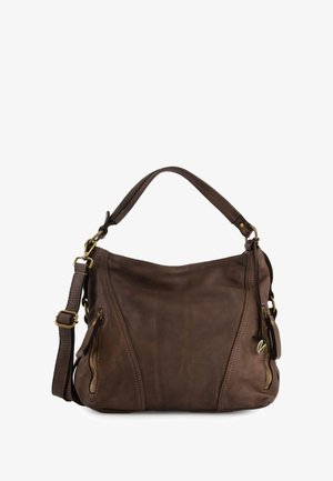 Brown leather bag with a slouchy design, features two zippered side pockets, a top handle, and an adjustable shoulder strap.