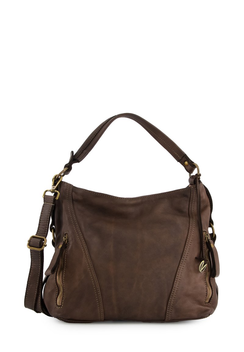 Braune Lederhandtasche mit einem lässigen Design, zwei seitlichen Reißverschlusstaschen, einem oberen Griff und einem verstellbaren Schulterriemen.