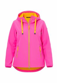 Veste à capuche rose vif avec tirettes de fermeture éclair jaunes, doublure de capuche jaune, fermeture éclair frontale, et deux poches latérales zippées.