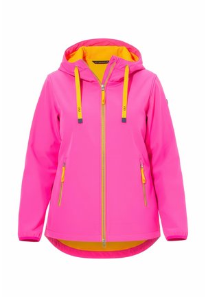 Veste à capuche rose vif avec tirettes de fermeture éclair jaunes, doublure de capuche jaune, fermeture éclair frontale, et deux poches latérales zippées.