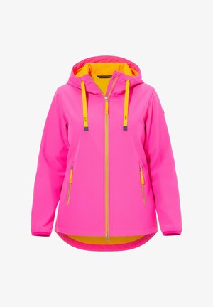 Giacca con cappuccio di colore rosa brillante con cerniere di colore giallo, fodera del cappuccio gialla, chiusura frontale con zip e due tasche laterali con zip.