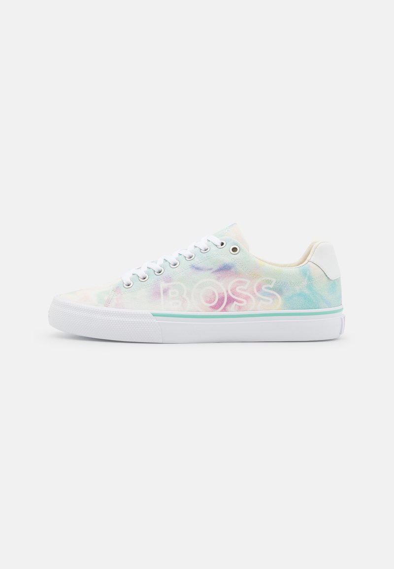 Colorful sneaker with a pastel tie-dye upper, white rubber sole, and branding on the side. Designed with traditional lace-up closure.