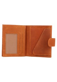 Brown leather wallet with multiple card slots, a clear ID window, and a diagonal pocket, featuring a textured inner lining.