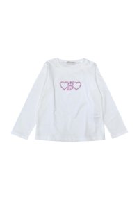 T-shirt a maniche lunghe in cotone bianco, con un design a cuore luccicante rosa sulla parte anteriore, scollo rotondo e orlo leggermente curvo.