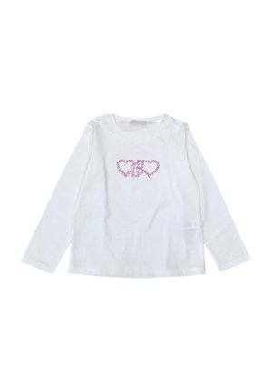 T-shirt a maniche lunghe in cotone bianco, con un design a cuore luccicante rosa sulla parte anteriore, scollo rotondo e orlo leggermente curvo.