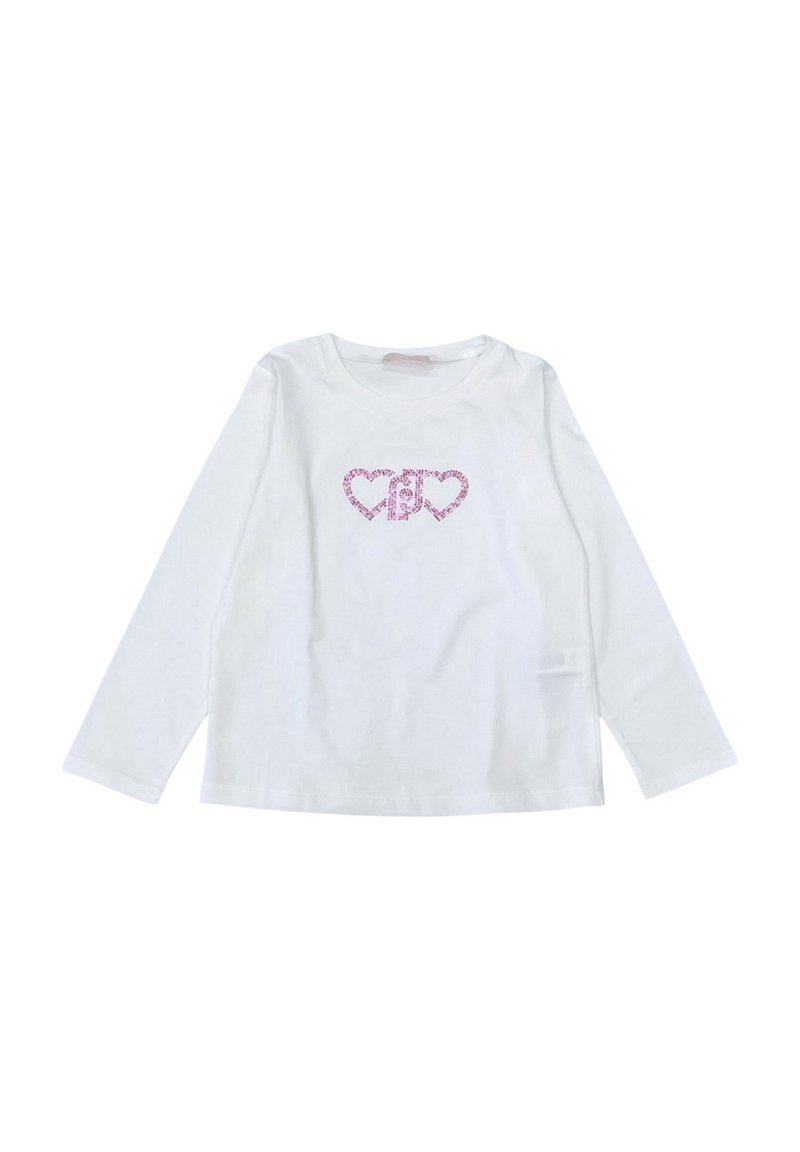 T-shirt a maniche lunghe in cotone bianco, con un design a cuore luccicante rosa sulla parte anteriore, scollo rotondo e orlo leggermente curvo.