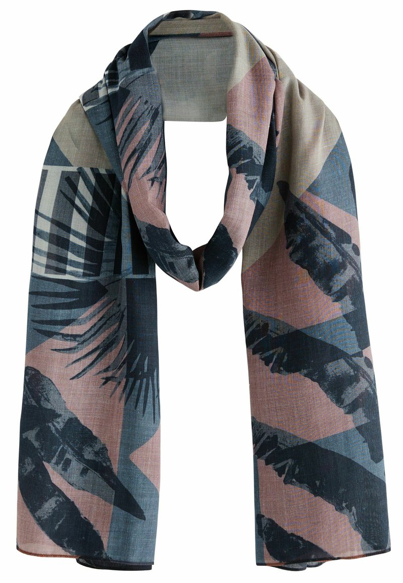 Bunter Schal aus weichem Stoff mit geometrischem Design in Marineblau, Pink und Beige, mit Blattmustern und grafischen Akzenten.