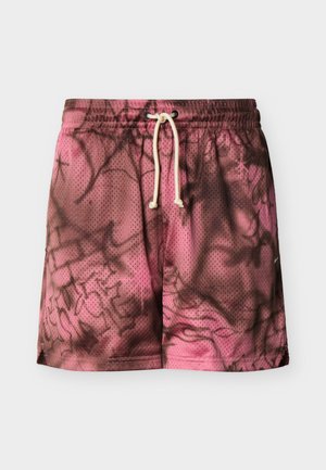 Rosa-schwarze Batik-Netz-Shorts mit elastischem Bund und weißem Kordelzug, präsentiert auf hellem einfarbigem Hintergrund.