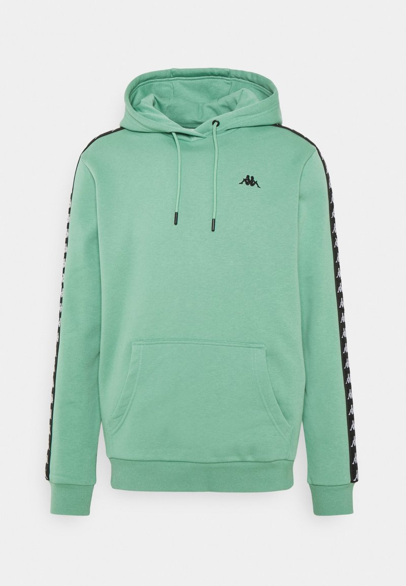Hoodie vert menthe avec une pochette kangourou, un capuchon ajustable avec cordon, et des bandes latérales noires arborant un motif de logo répétitif.