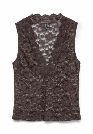 Haut sans manches en dentelle florale noire avec col en V, tissu semi-transparent et bords festonnés, posé à plat sur fond blanc.