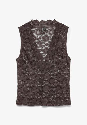 Haut sans manches en dentelle florale noire avec col en V, tissu semi-transparent et bords festonnés, posé à plat sur fond blanc.