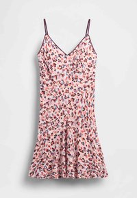 Roosat lillemustriga kleit V-kaelusega ja õhukeste rihmadega, millel on lehvikujuline alumine osa ning kaeluse äärsel lilla kontrastne ääris.