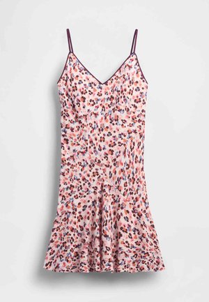 Vestito rosa con motivo floreale, scollo a V e spalline sottili, con fondo svasato e bordo viola a contrasto lungo lo scollo.