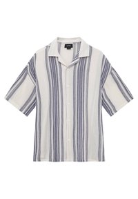 Camicia a maniche corte con bottoni, caratterizzata da strisce verticali blu e bianche, realizzata in tessuto leggero e con un design classico del colletto.