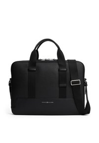 Black laptop bag with a textured fabric finish, dual top handles, detachable shoulder strap, and a logo accent on the front.