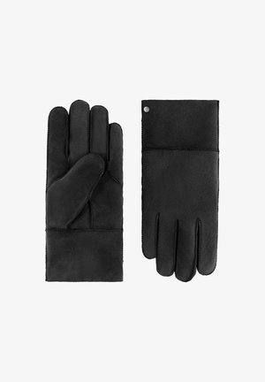 Schwarze Handschuhe aus weichem Wildleder, mit einem abgerundeten Design, subtiler Naht und glatter Textur sowie einem kleinen metallischen Akzent.