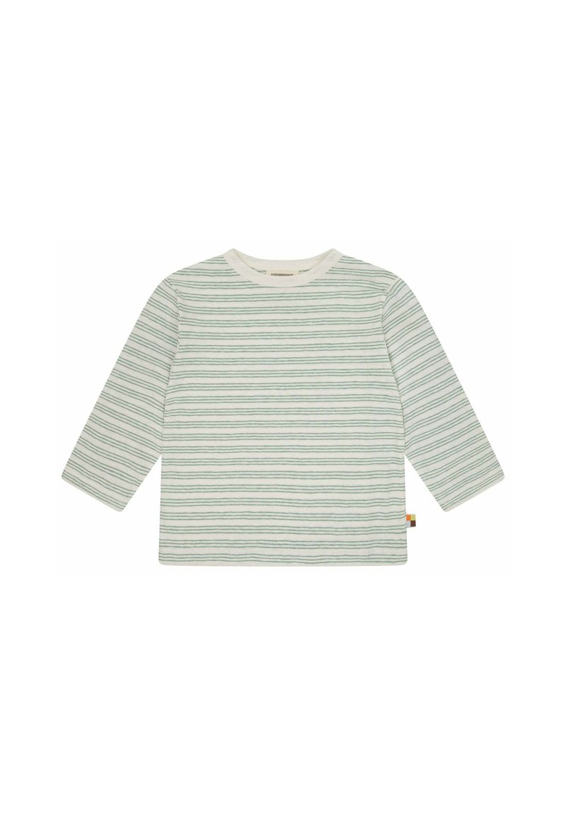 Langarmhemd in Off-White mit grünen Streifen, Rundhalsausschnitt, aus weichem Baumwollmaterial, und einem kleinen mehrfarbigen Etikett am Saum.