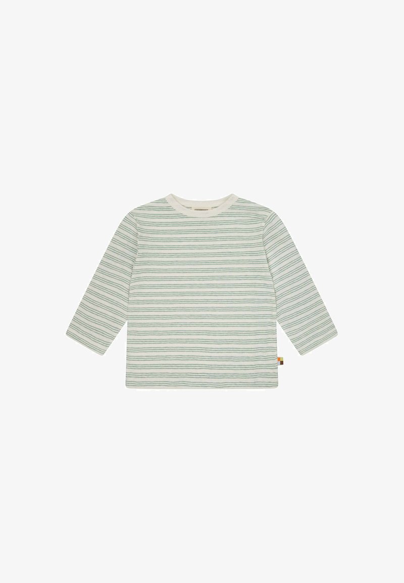 Langarmhemd in Off-White mit grünen Streifen, Rundhalsausschnitt, aus weichem Baumwollmaterial, und einem kleinen mehrfarbigen Etikett am Saum.