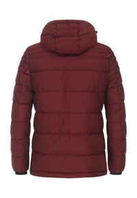 Röd pufferjacka med huva, med ett vadderat mönster, långa ärmar och elastiska ärmslut för isolering. Slät, texturerad tyg.