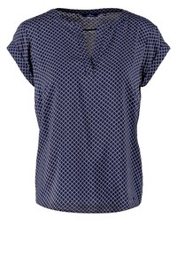 Námořnická modrá blůza s geometrickým bílým vzorem, krátkými rukávy a výstřihem do V. Vyrobena z lehkého materiálu s uvolněným střihem.
