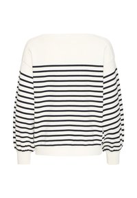 Pull rayé avec des lignes horizontales bleu marine et blanches, doté d'un large col, de manches bouffantes et de poignets côtelés au bas et aux manches.