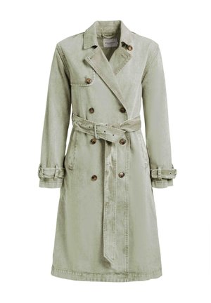 Trench-coat double boutonnage vert clair avec poignets boutonnés, taille ceinturée et col à revers, en tissu doux texturé.