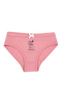 Rosa bomullsunderkläder med en vit rosettdekor, har en tryckt kaninillustration och texten "God Morgon." Mjuk, elastisk midjeband.