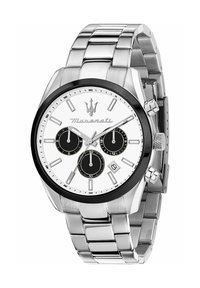 Zilveren roestvrijstalen horloge met een witte wijzerplaat, zwarte subwijzers en een roestvrijstalen armband. Opvallend Maserati-logo op de positie van 12 uur.