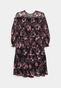 Robe noire à fleurs avec manches longues, volants superposés et encolure ronde. Présente des motifs floraux roses et violets sur un tissu transparent.